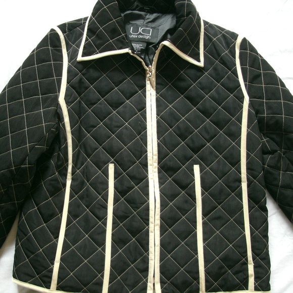 Utex Design Womens Jacket Quilted Black Tan Coat Zipper Polyester Nylon Medium - Picture 1 of 12